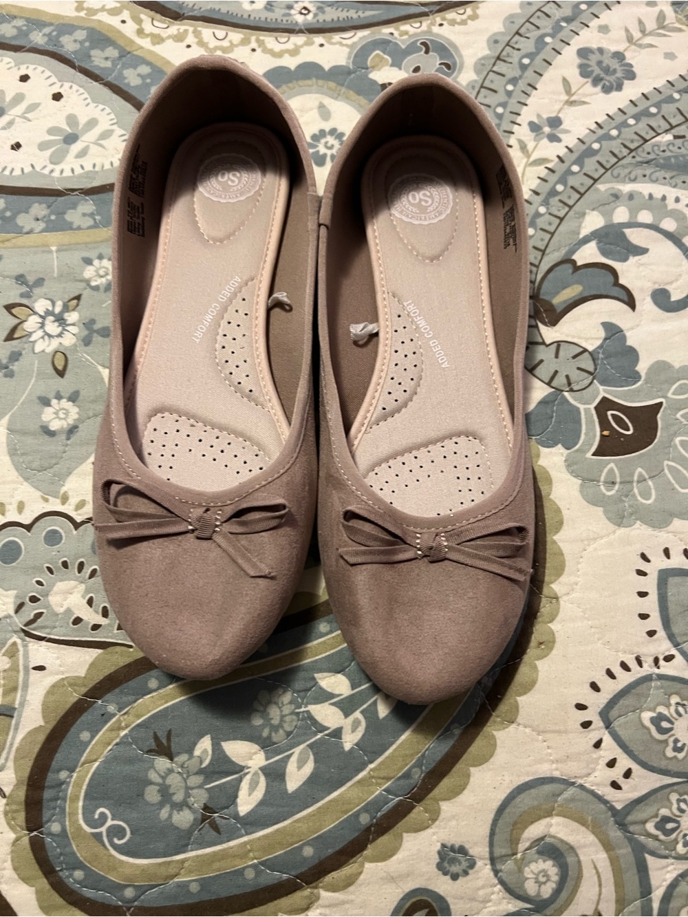 SO Women's Taupe Suede-Look Ballet Flats with Bow